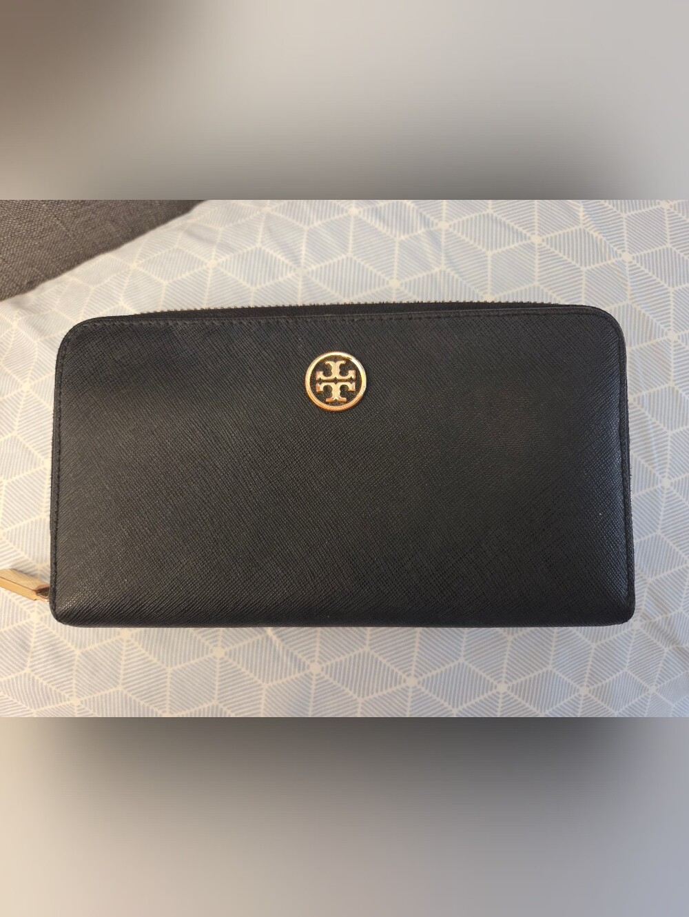 Tory Burch Black Zip-Around Saffiano Wallet with Gold Logo Perfect For Every Day